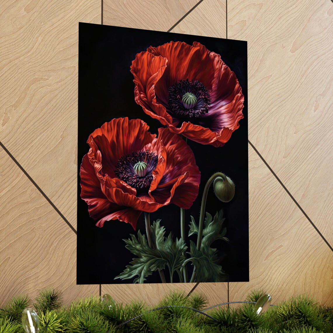 Oriental Poppy Deep Red Blooms Bud Dark Elegant Floral Painting Poster - Image 2