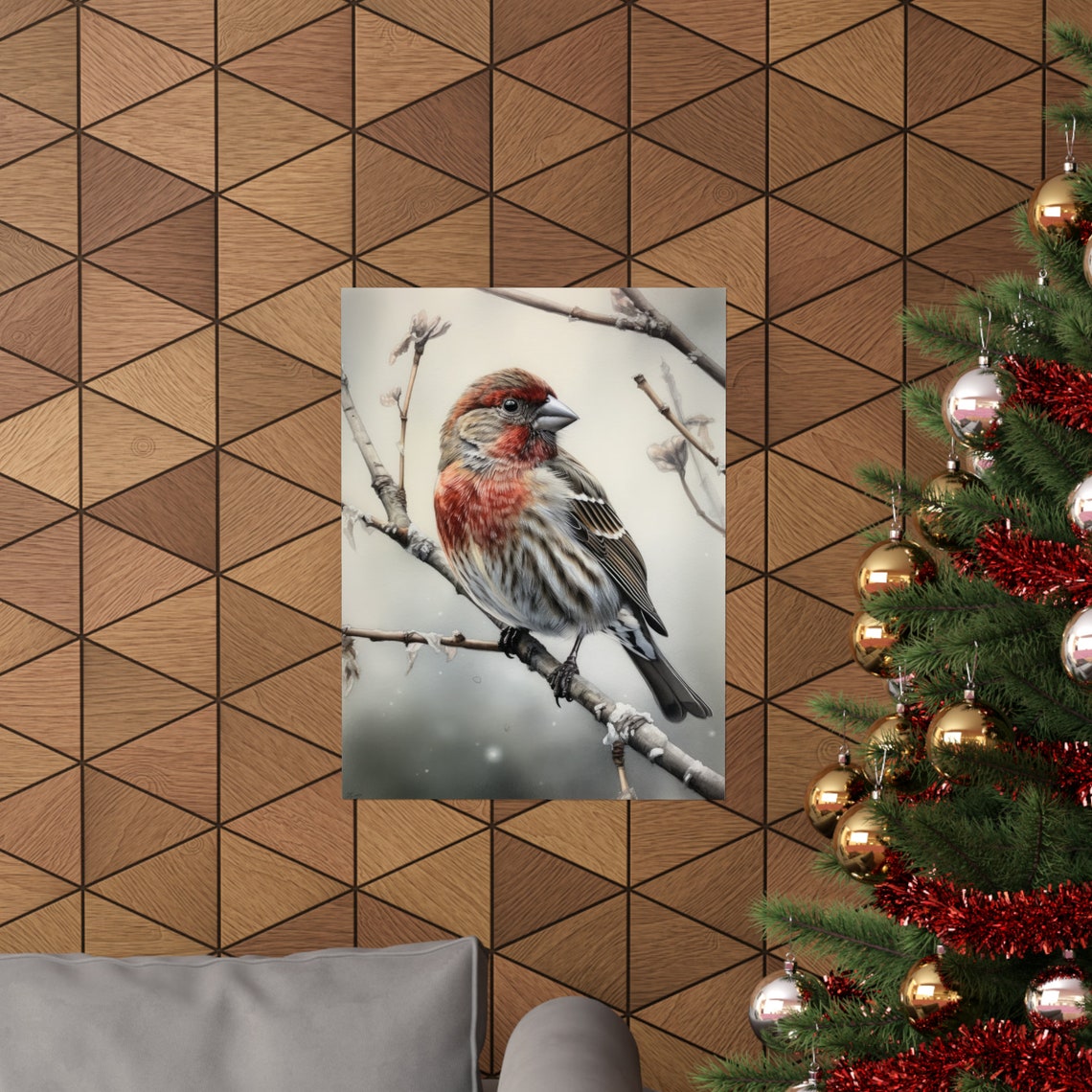 House Finch Perched On Snowy Winter Branch Watercolor Bird Print - Image 3
