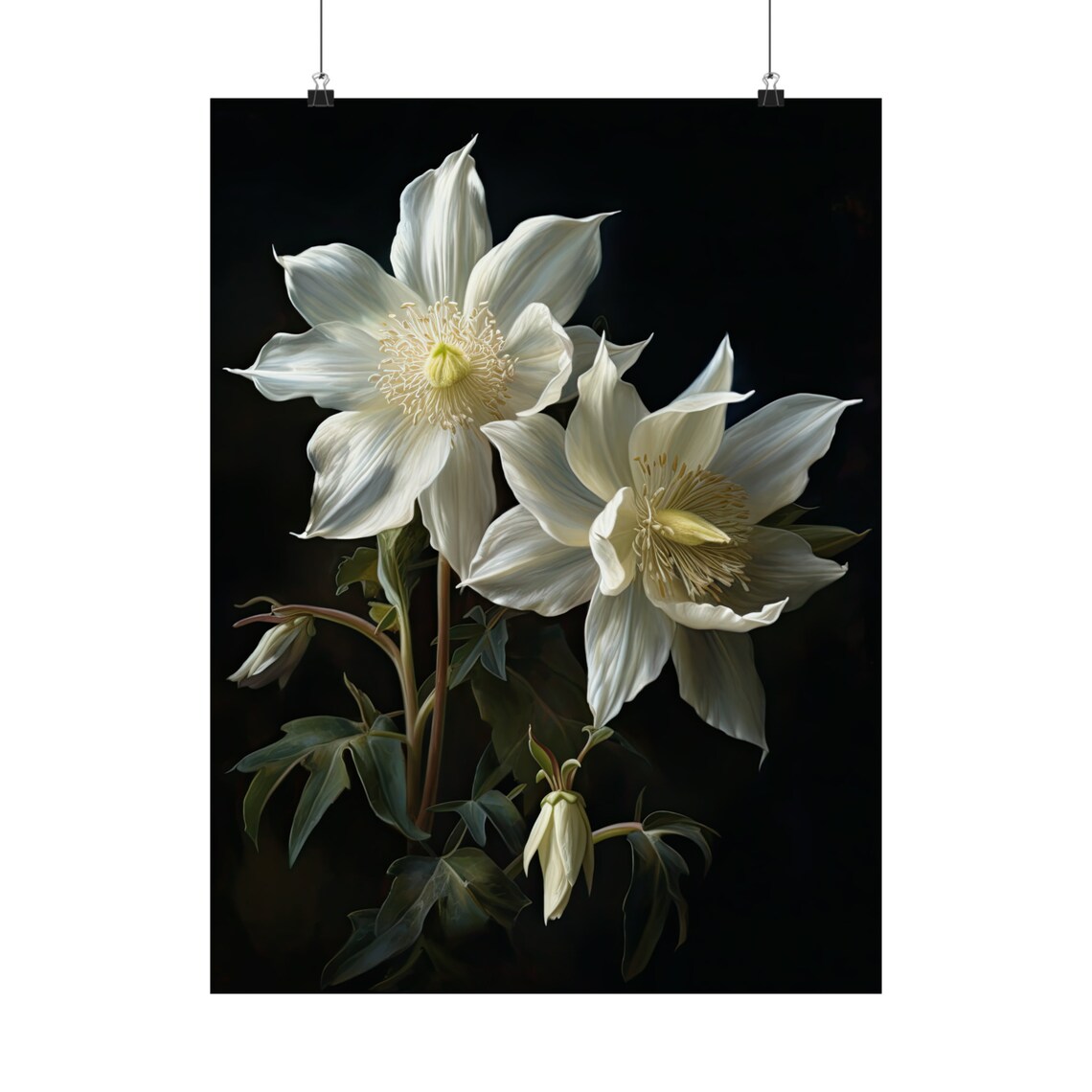 White Columbine Ivory Blooms Dark Botanical Floral Painting Poster - Image 5