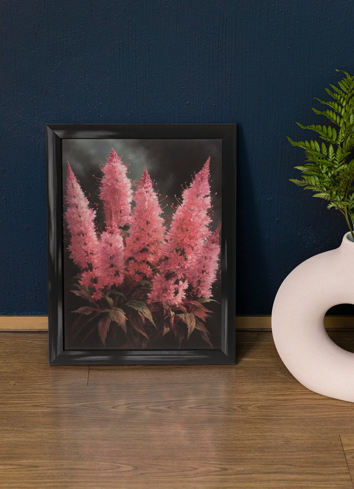 Pink Astilbe Vivid Coral Plumes Dark Dramatic Botanical Floral Poster
