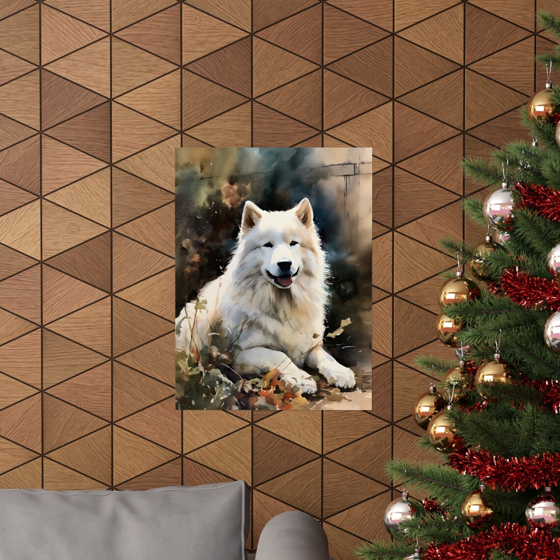 Samoyed Dog Smiling Autumn Leaves Watercolor Portrait Poster - Image 3