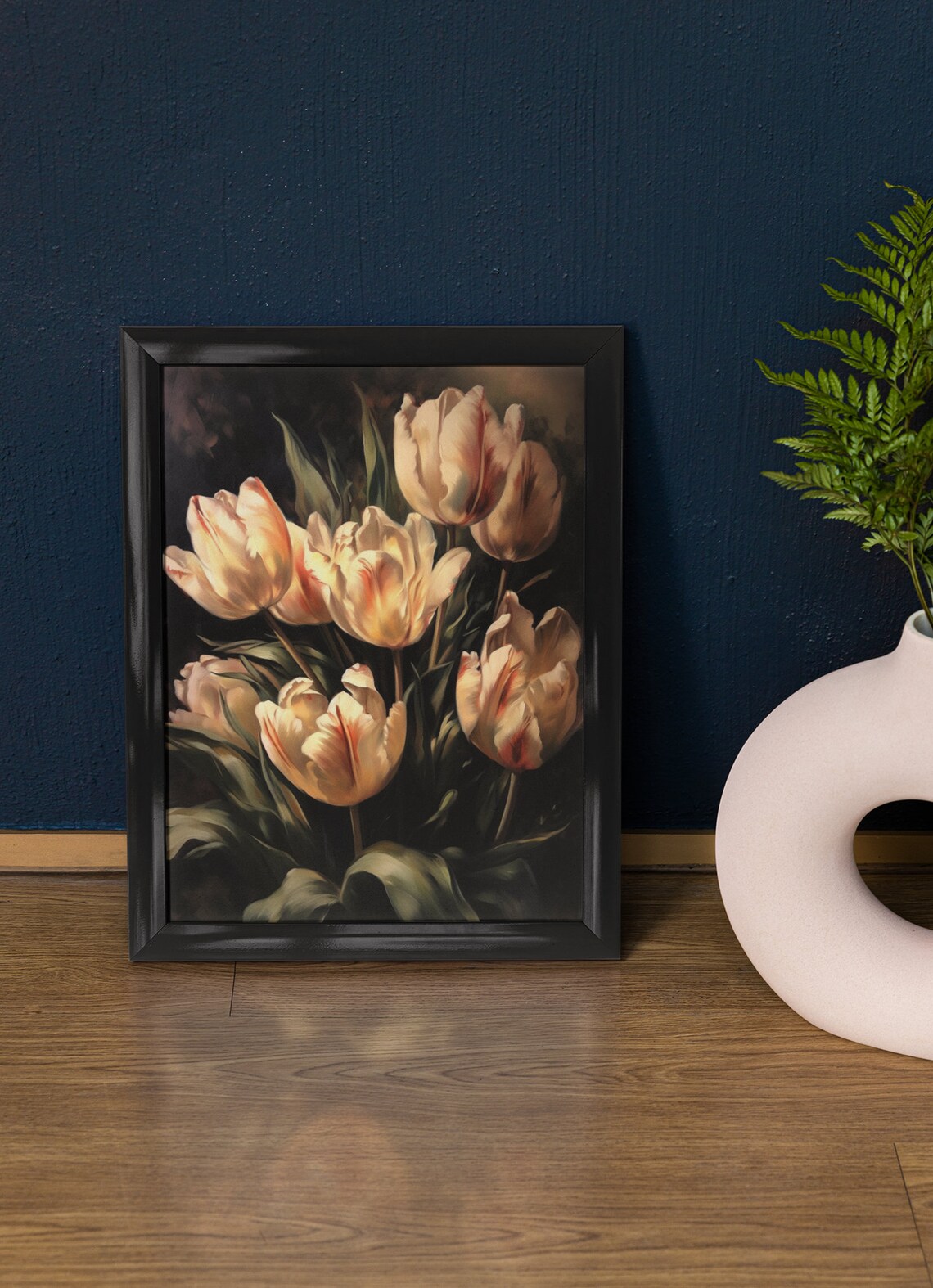 Fresh Cream Tulips Red Streaked Petals Dark Moody Floral Wall Art