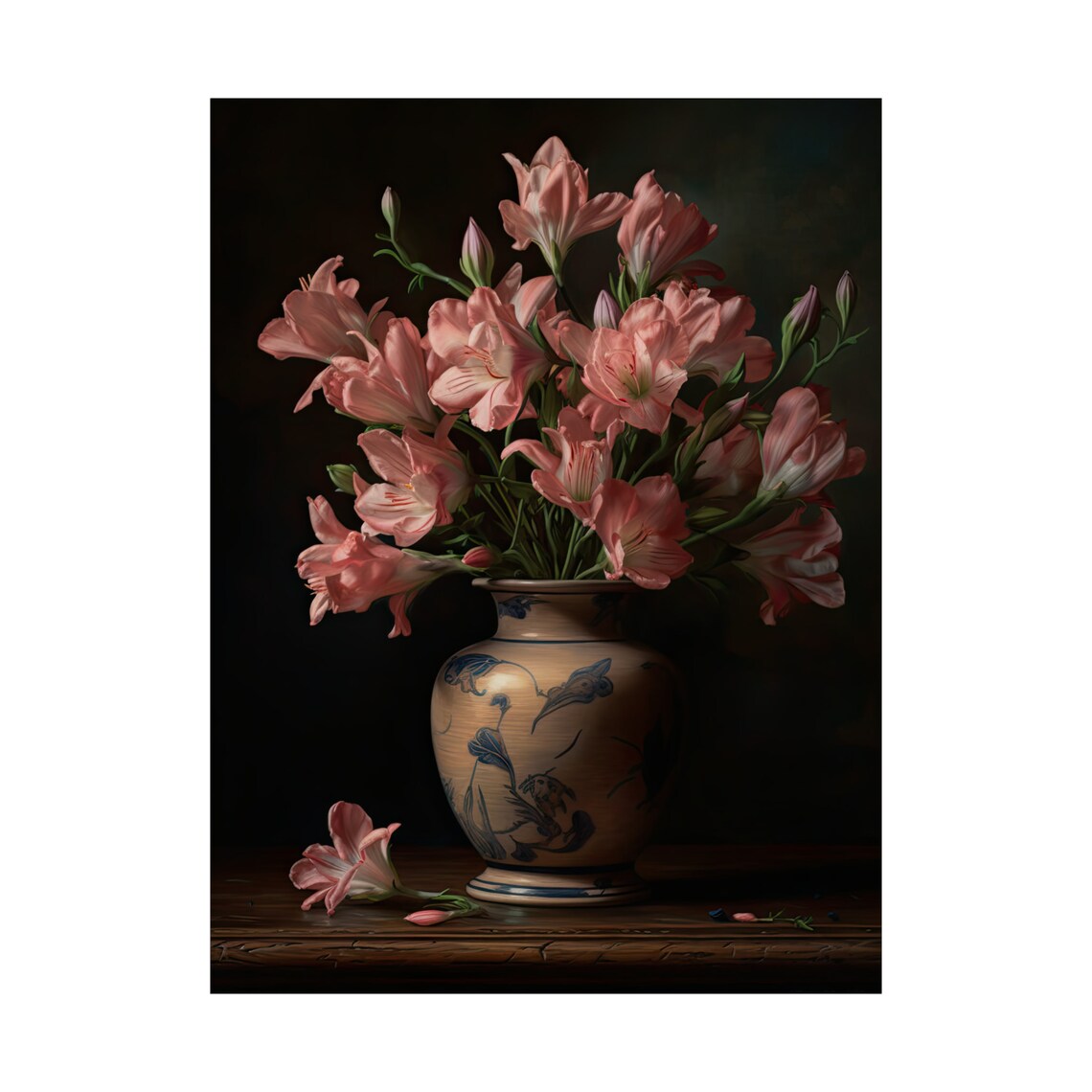 Pink Freesia Still Life Flower Vase Dark Moody Botanical Art Print - Image 4