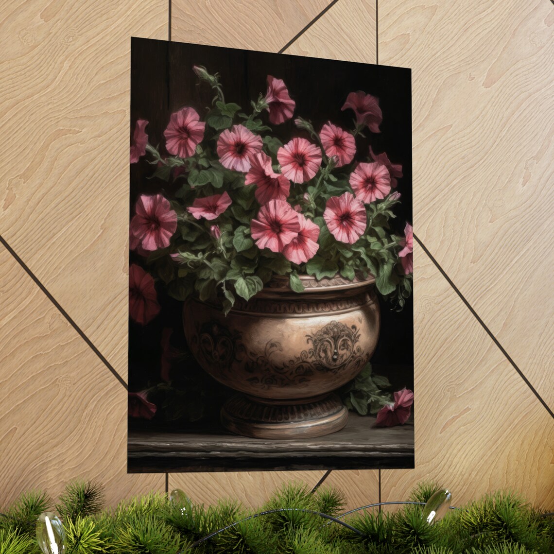 Pink Petunias Ornate Bronze Urn Dark Moody Floral Still Life Poster - Image 2