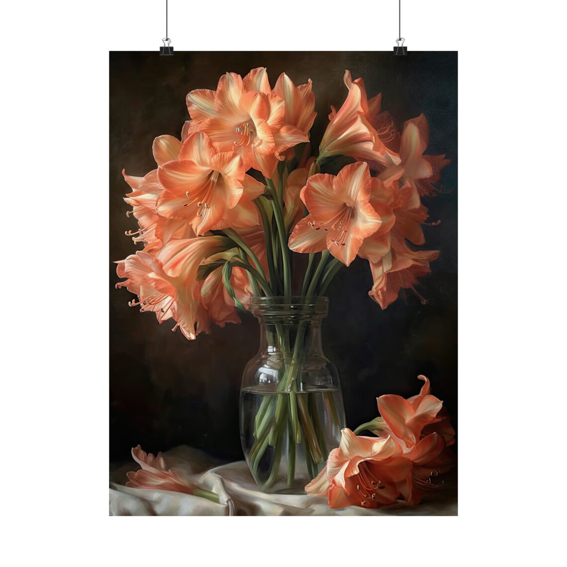 Salmon Amaryllis Blooms Dark Still Life Glass Vase Flower Art Print - Image 5