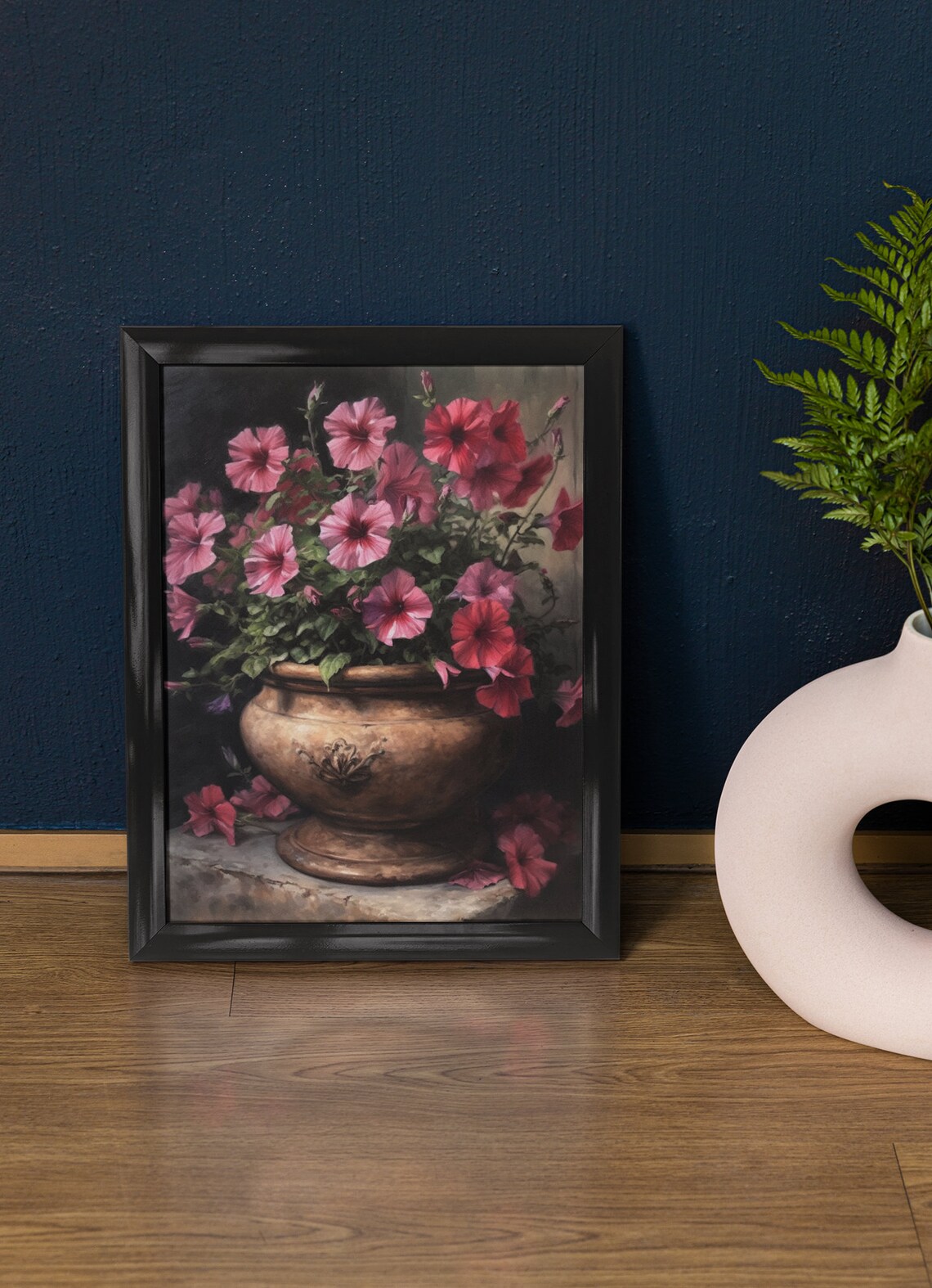 Pink Petunias Bronze Urn Dark Moody Floral Still Life Art Poster