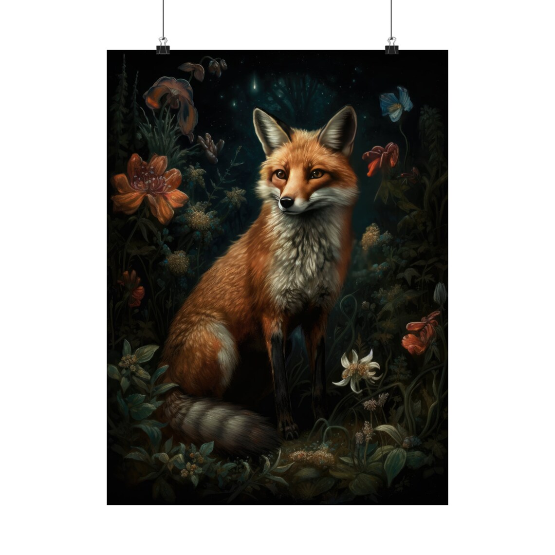 Red Fox Facing Viewer Among Orange Blooms In Dark Floral Art Poster - Image 5