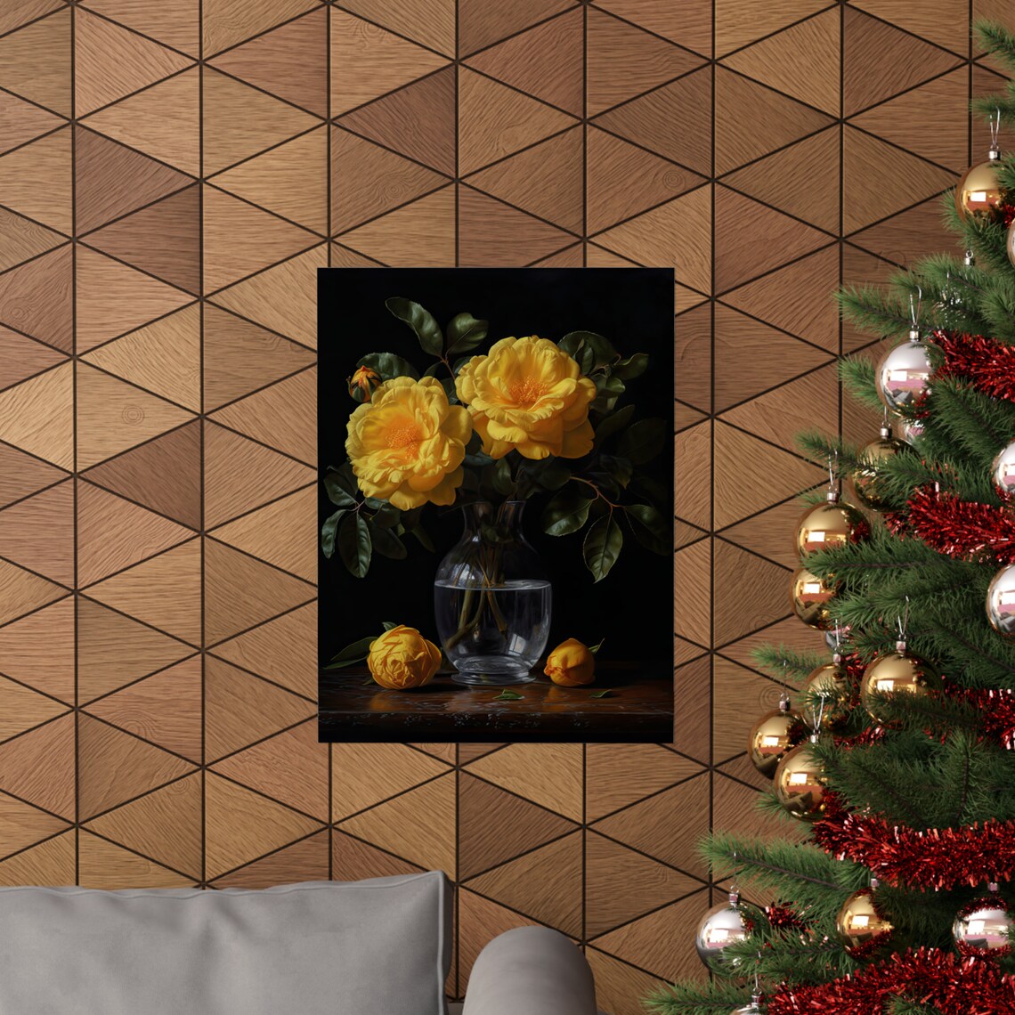 Yellow Camellia Flowers Glass Vase Dark Botanical Still Life Art Print - Image 3