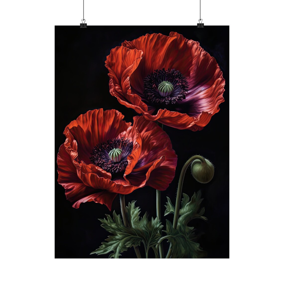 Oriental Poppy Deep Red Blooms Bud Dark Elegant Floral Painting Poster - Image 5