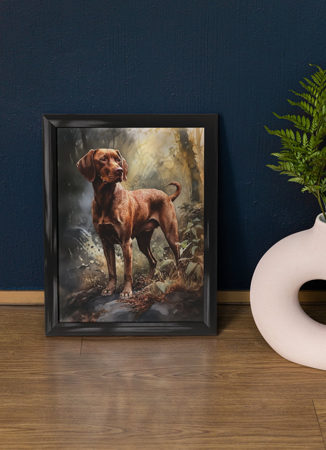 Wirehaired Vizsla Watercolor Portrait Standing In Misty Forest Poster
