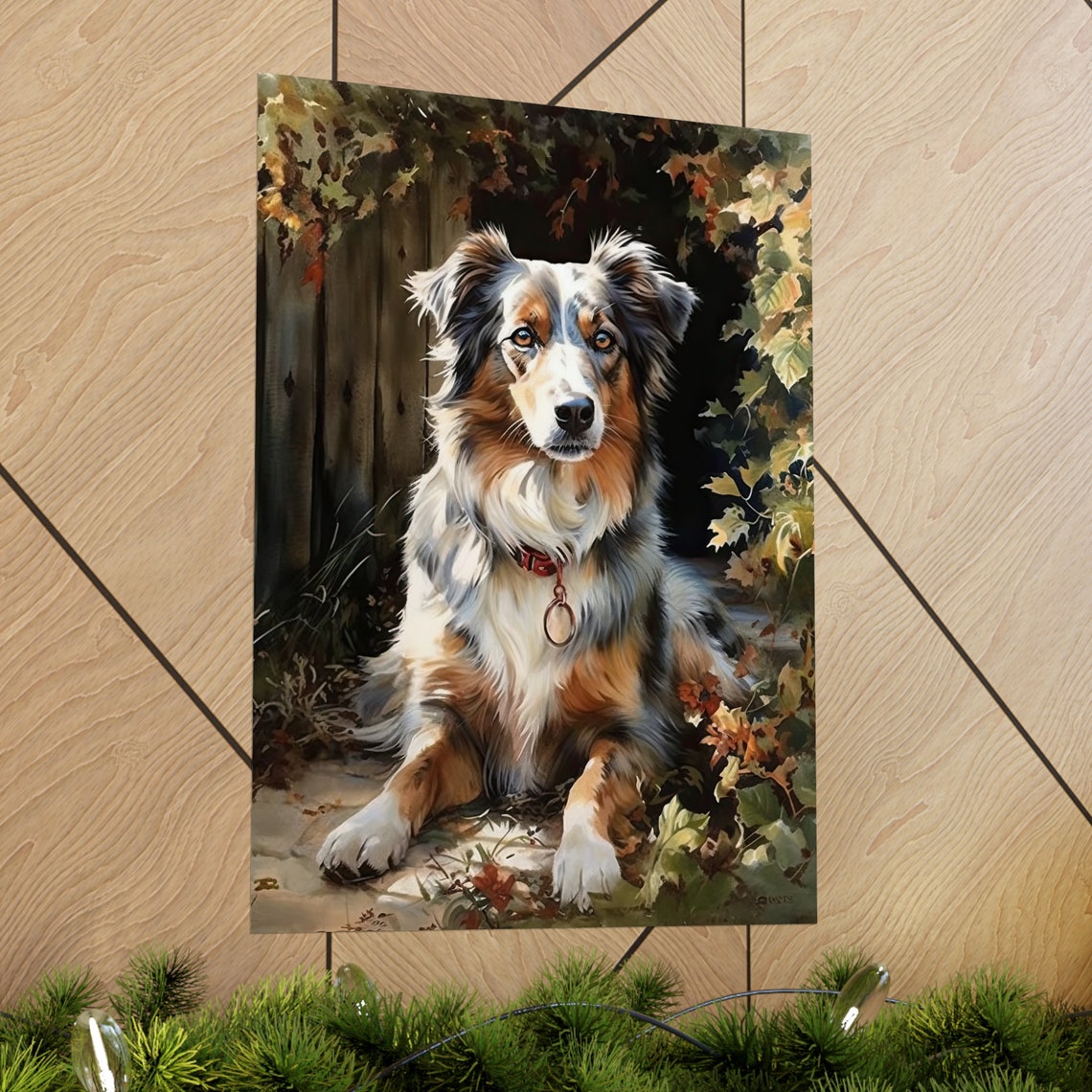 Australian Shepherd Dog Resting In Autumn Ivy Red Collar Art Print - Image 2