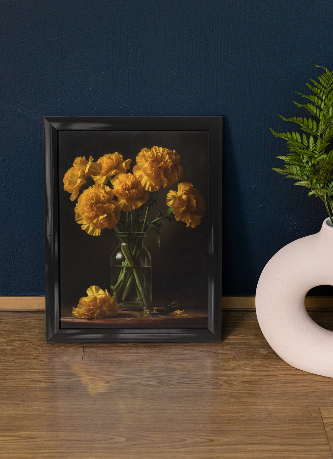 Yellow Carnation Stems Glass Bottle Vase Dark Still Life Art Poster