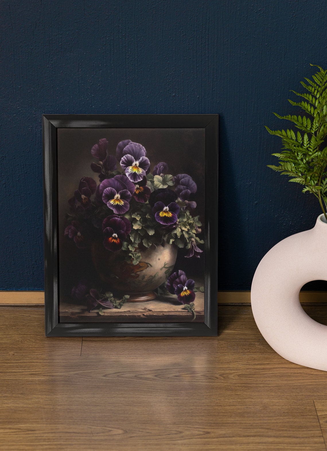 Deep Purple Pansy Flowers Ornate Vase Dark Moody Botanical Art Print