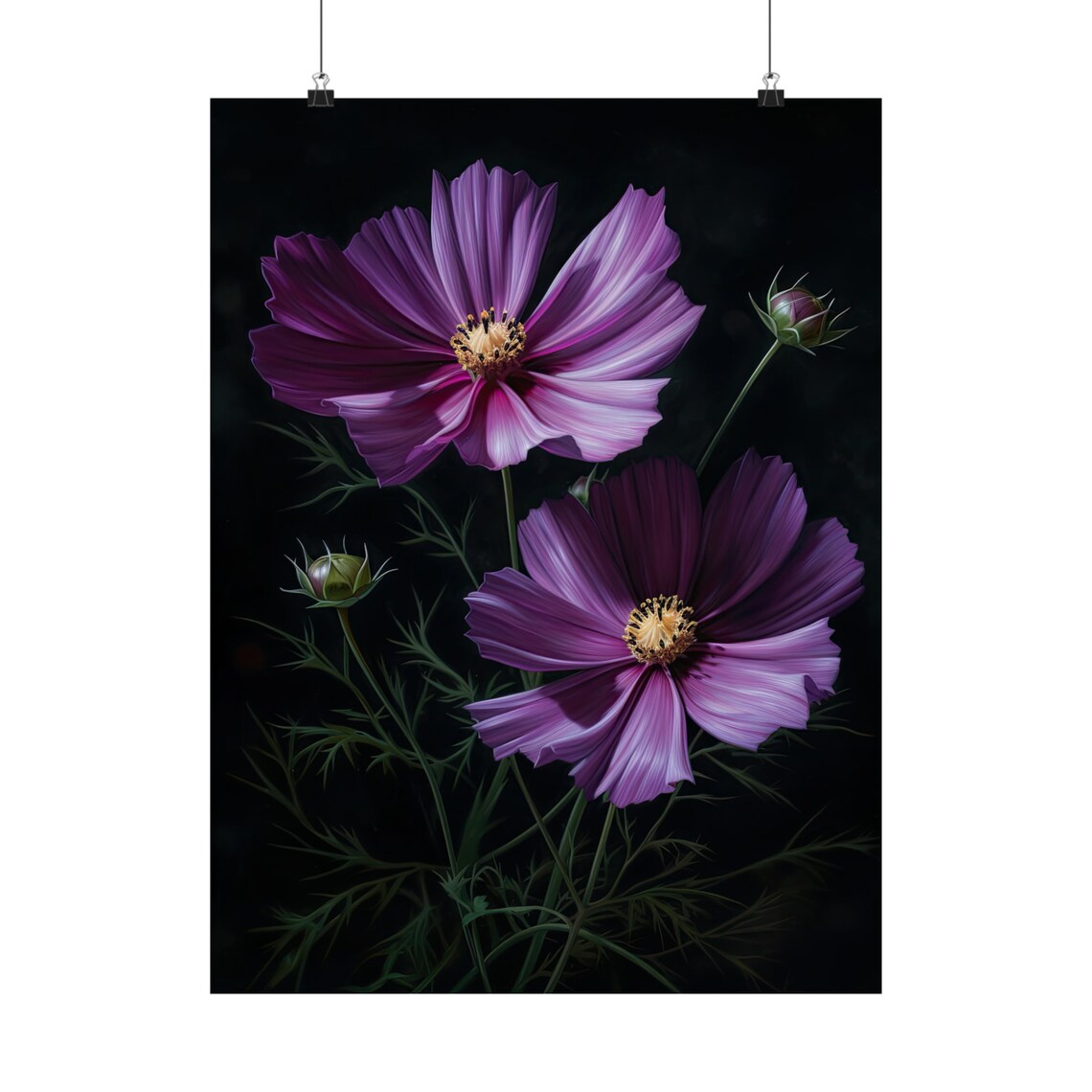 Purple Cosmos Flowers Dark Background Moody Floral Fine Art Poster - Image 5