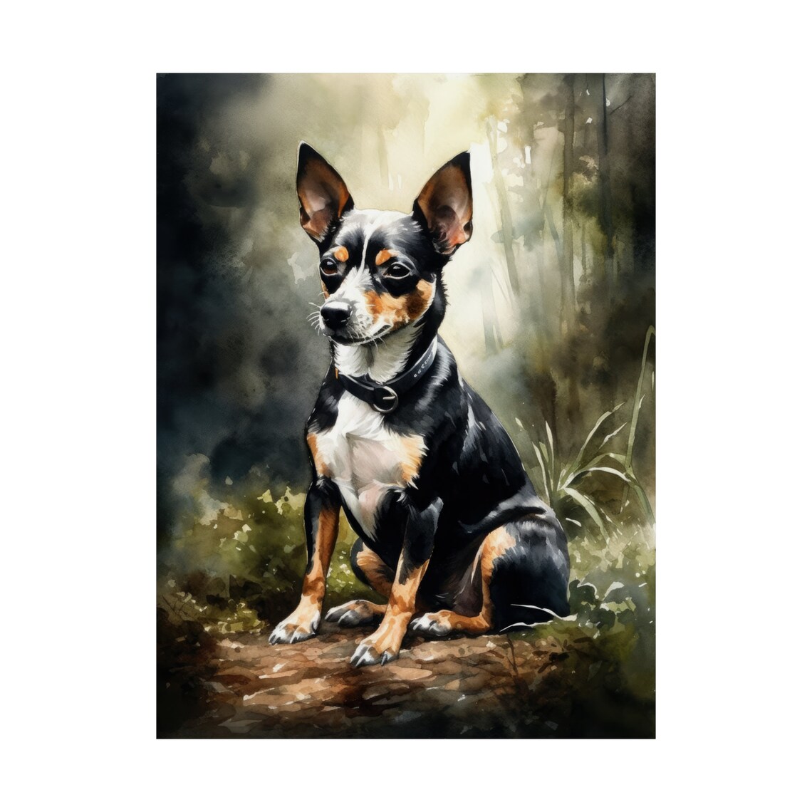 Rat Terrier Tricolor Sitting In Misty Woods Watercolor Dog Art Poster - Image 4