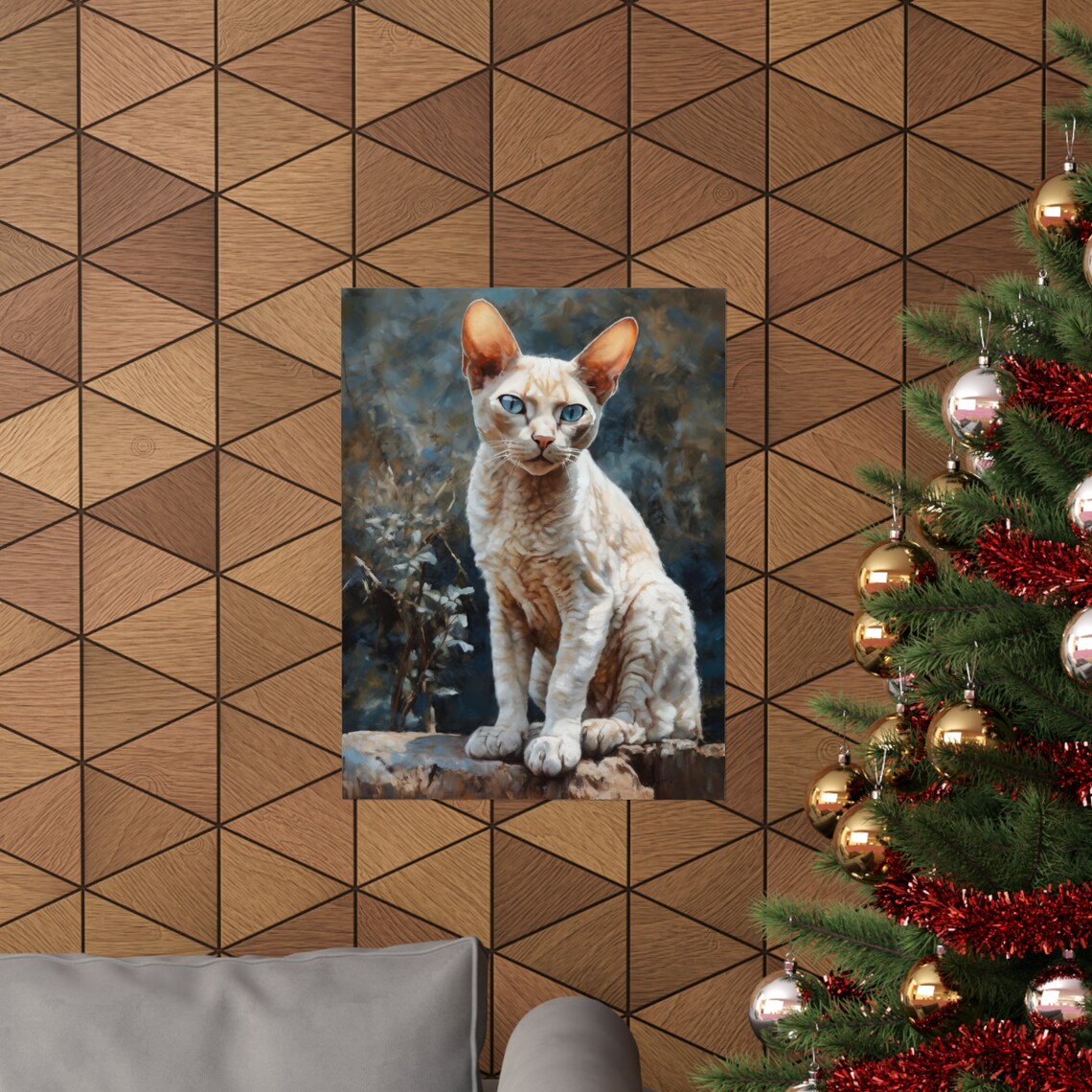 Devon Rex Cat Blue Eyes Portrait Wavy Cream Coat Rocks Feline Art Print - Image 3
