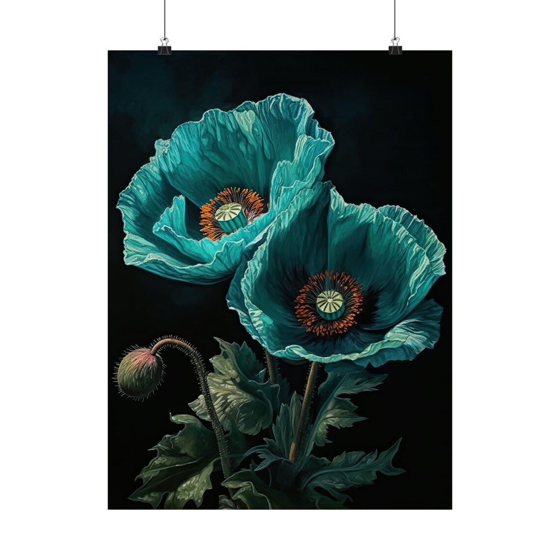 Turquoise Blue Poppy Blooms Dark Background Botanical Art Print - Image 5