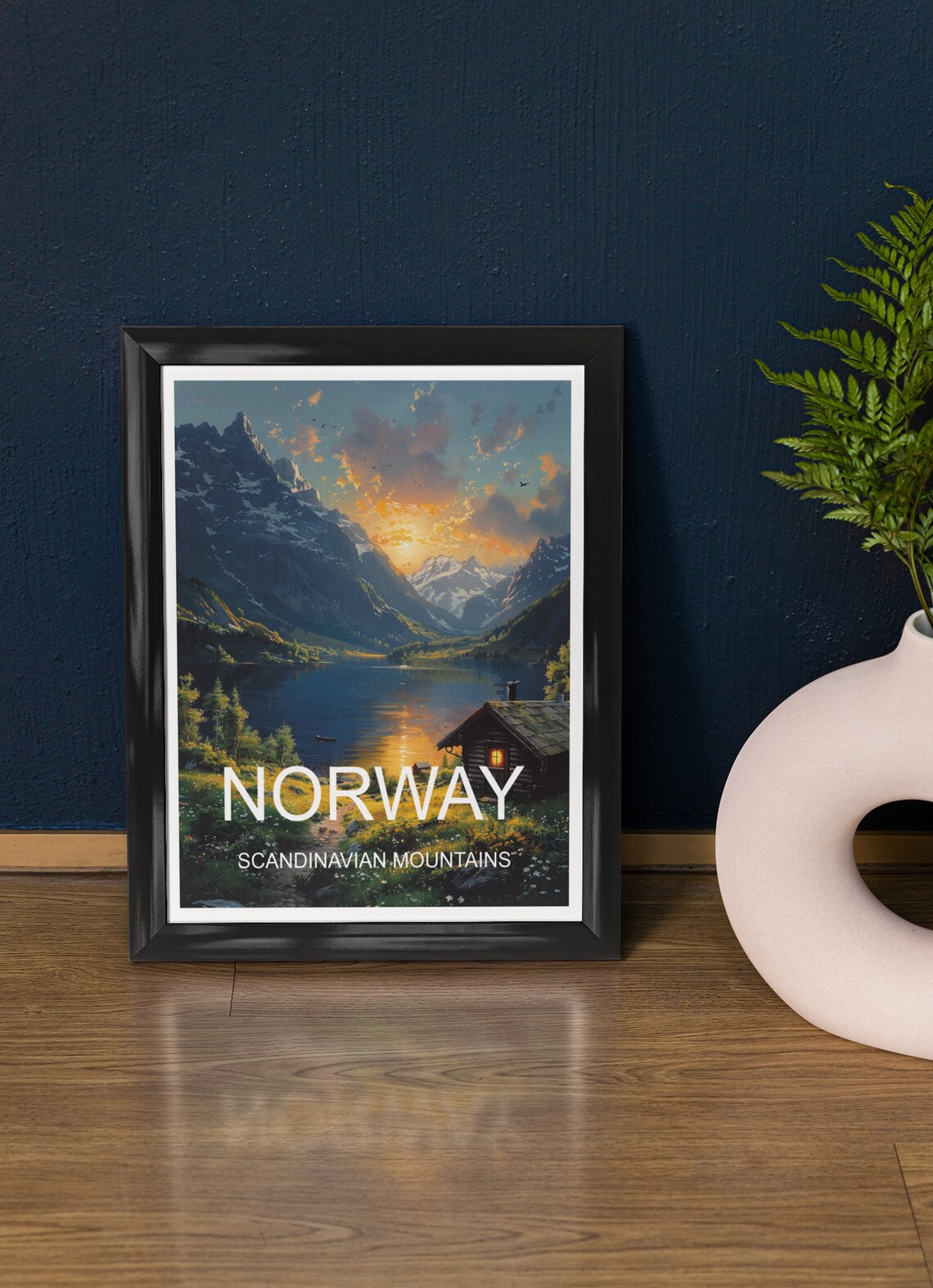 Norway Scandinavian Mountains Fjord Cabin Sunset Travel Poster