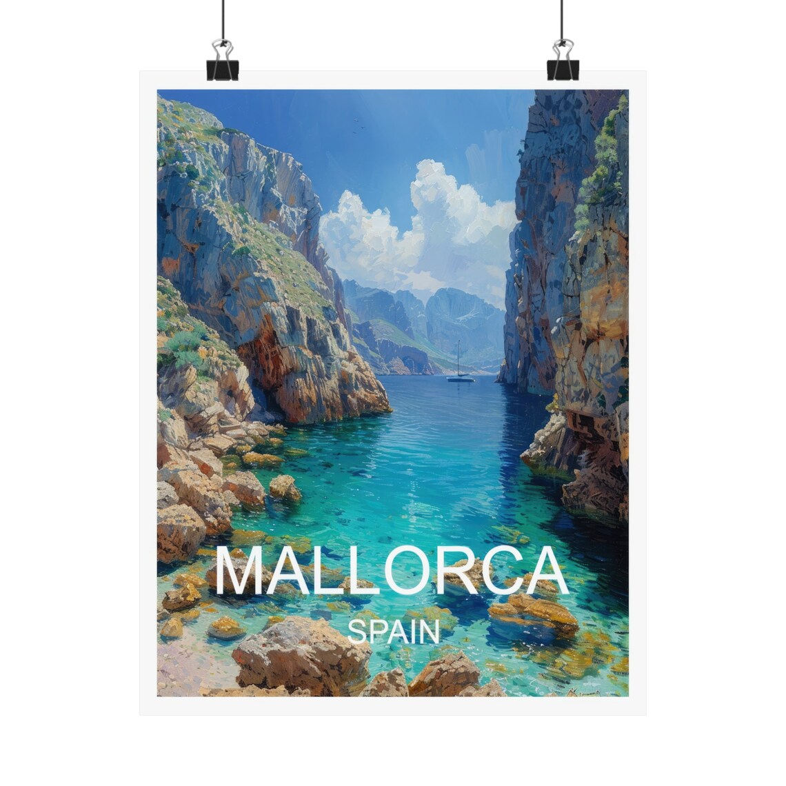 Mallorca Spain Turquoise Cove Rocky Cliffs Sailboat Travel Poster - Image 4