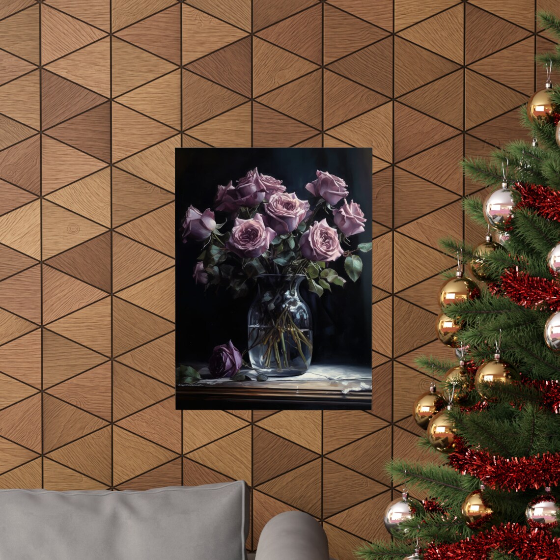 Mauve Rose Bouquet Glass Vase Shadowed Elegant Floral Art Poster - Image 3