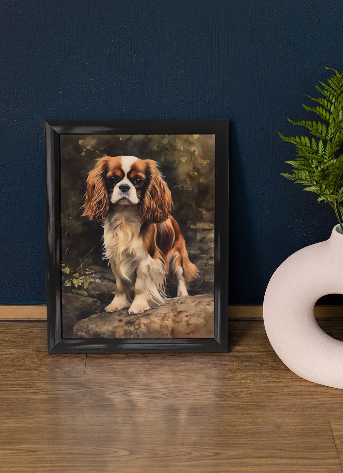 English Toy Spaniel Standing on Rocks Watercolor Dog Art Print