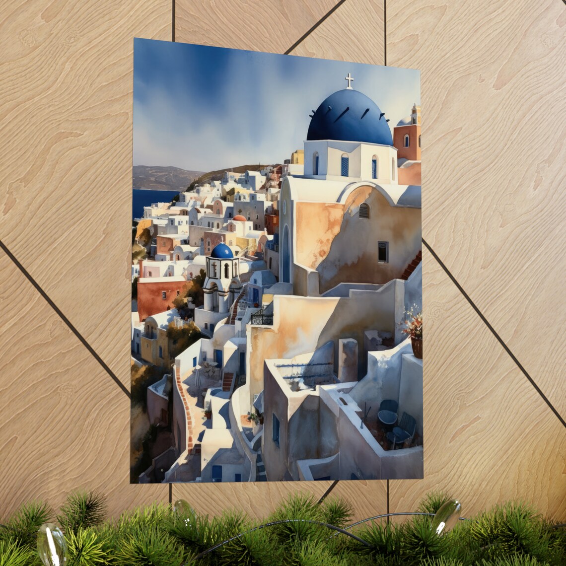 Santorini Greece Blue Dome Church Whitewashed Old Town Travel Poster - Image 2