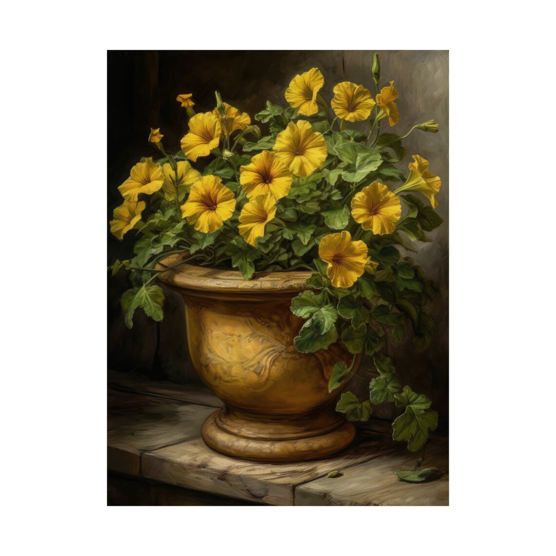 Yellow Petunias Terracotta Urn Dark Moody Floral Still Life Poster - Image 4