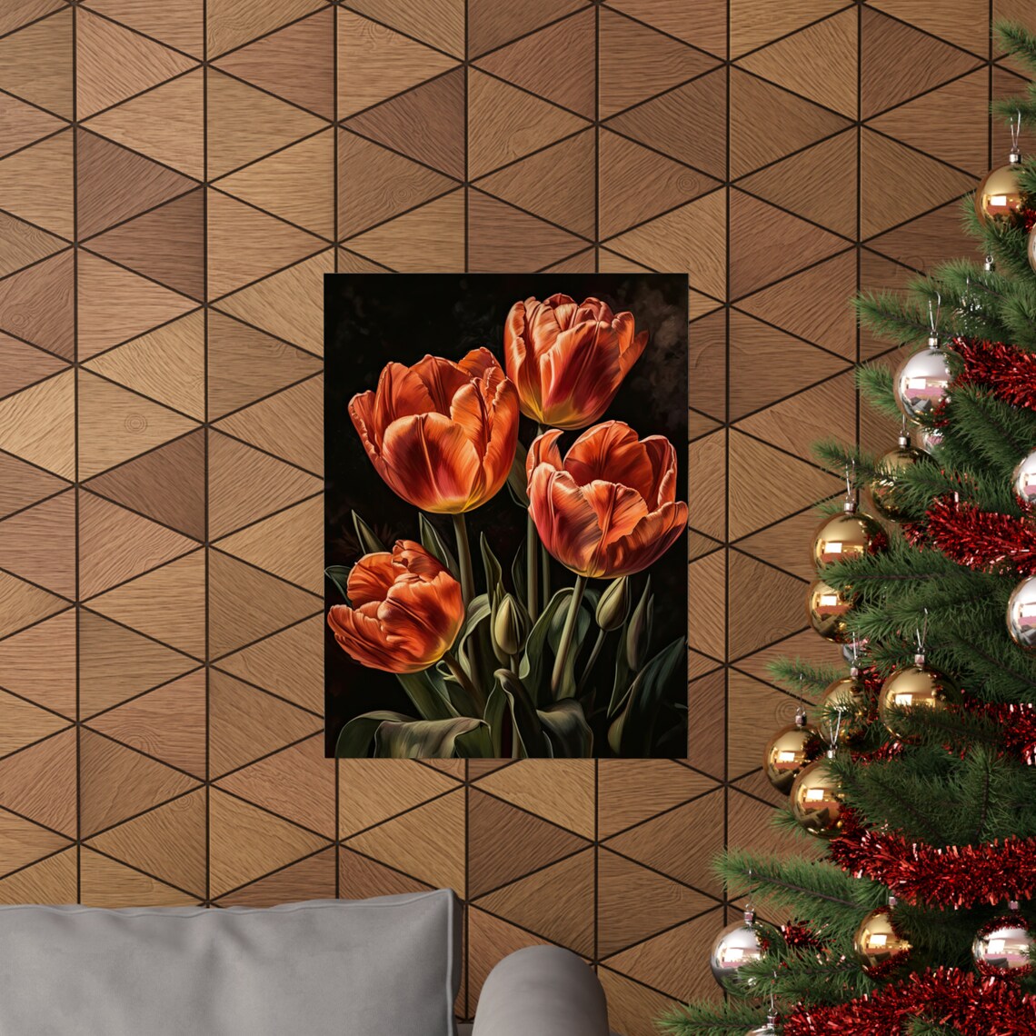Bold Orange Red Tulips Dark Moody Oil Painting Floral Wall Art - Image 3