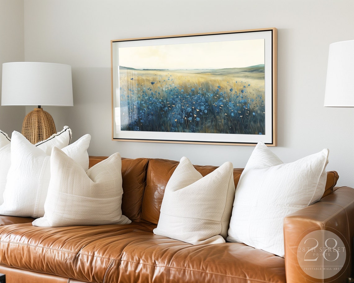 Blue Wildflower Meadow Golden Field Misty Horizon Landscape Poster - Image 3