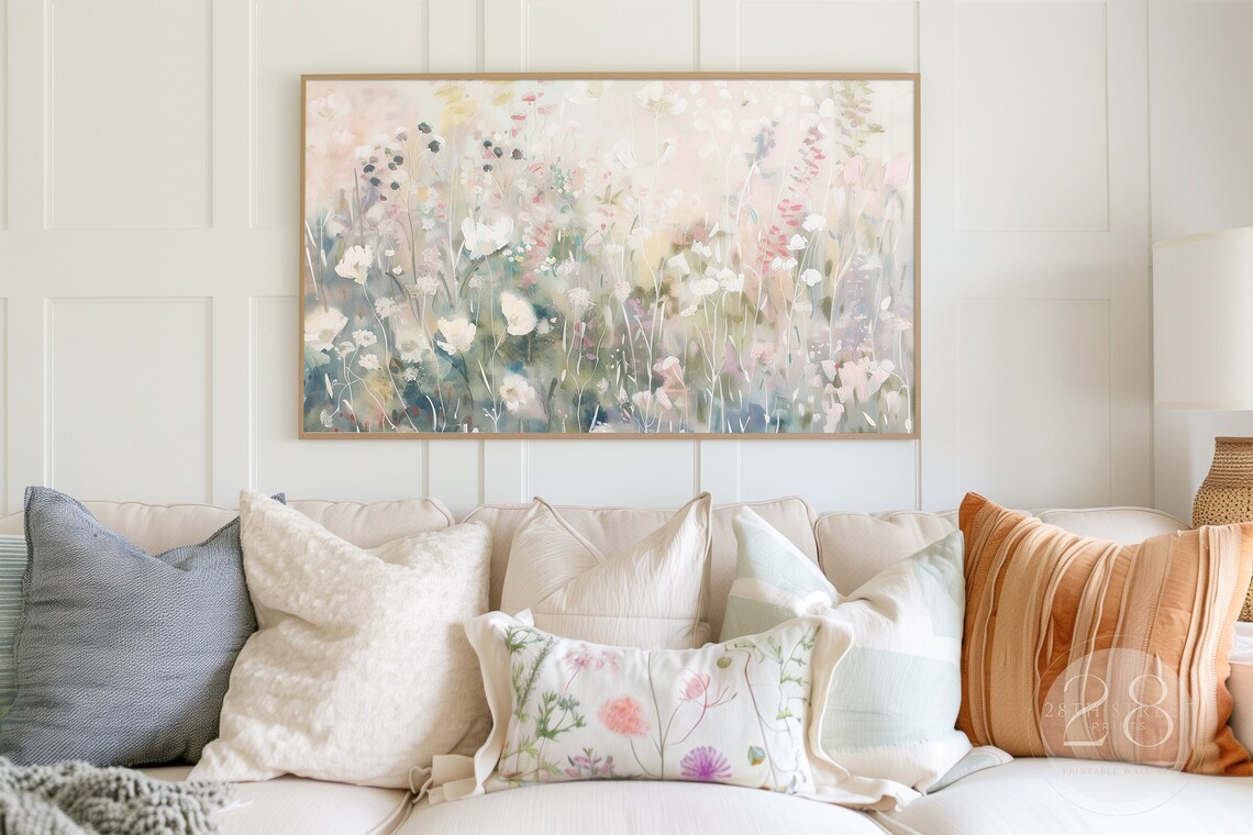 Pastel Wildflower Meadow White Pink Blooms Soft Airy Spring Painting Art Print - Image 2