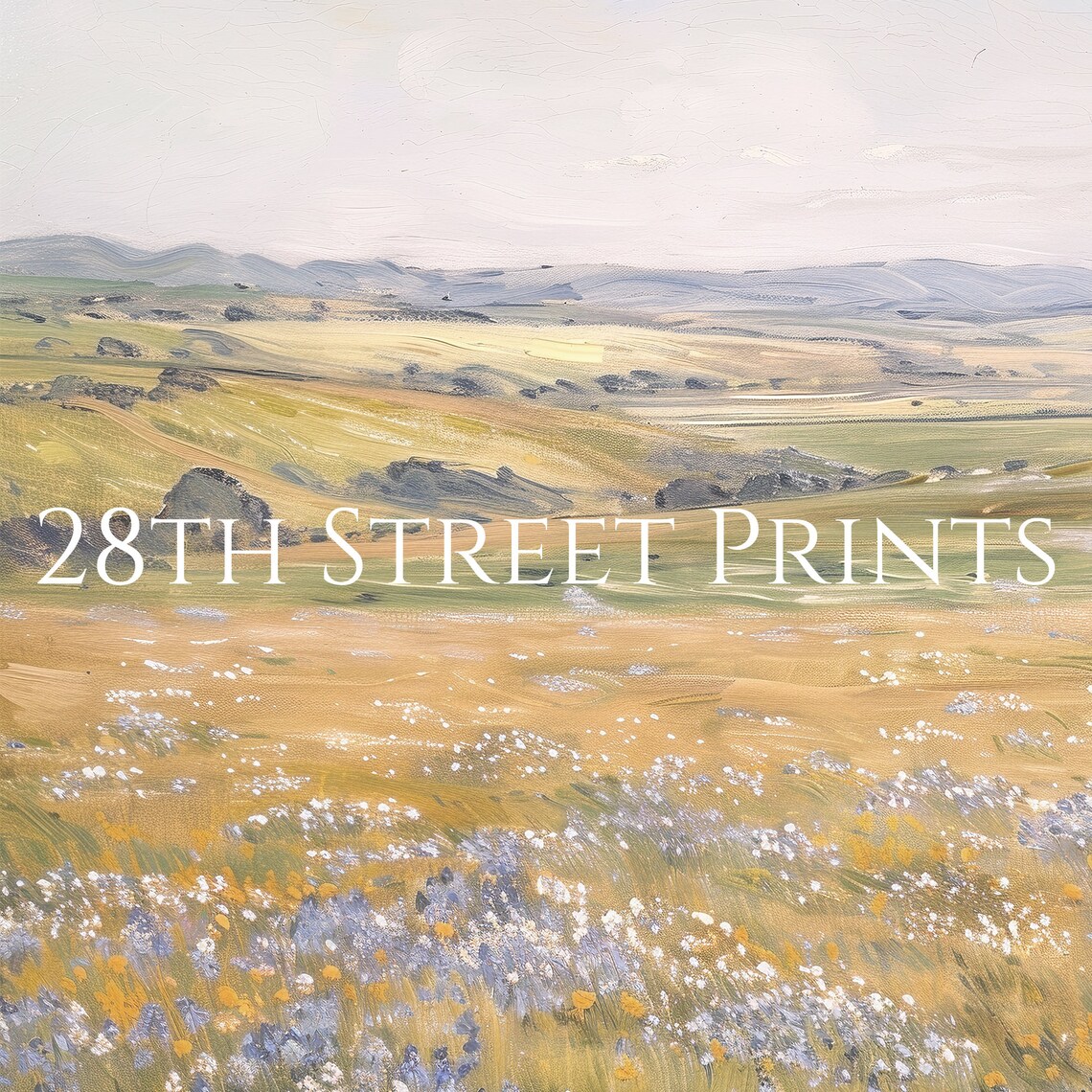 Golden Wildflower Field Rolling Hills Pastel Sky Landscape Poster - Image 3