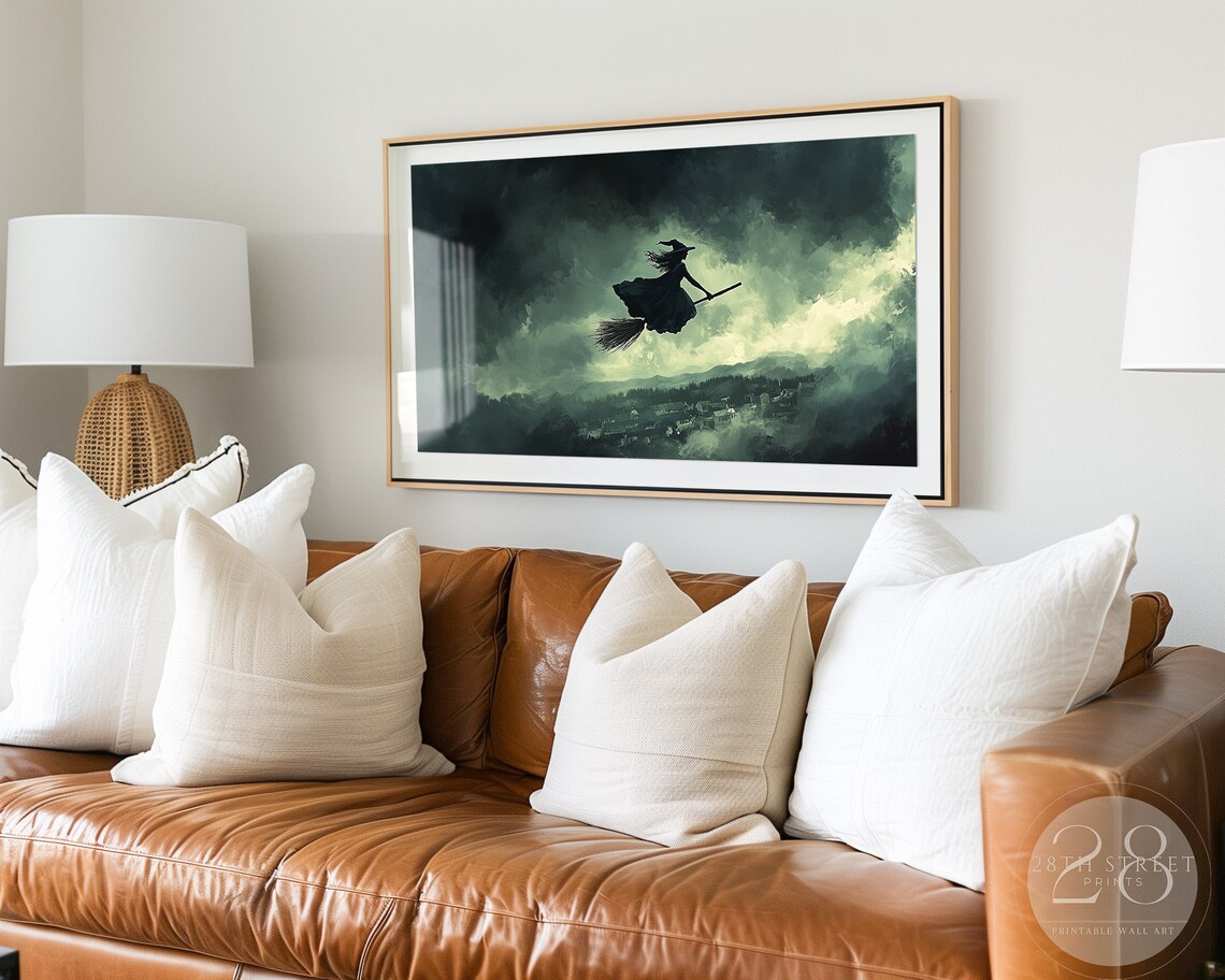 Witch Flying Broomstick Silhouette Stormy Sky Spooky Halloween Painting Poster - Image 2