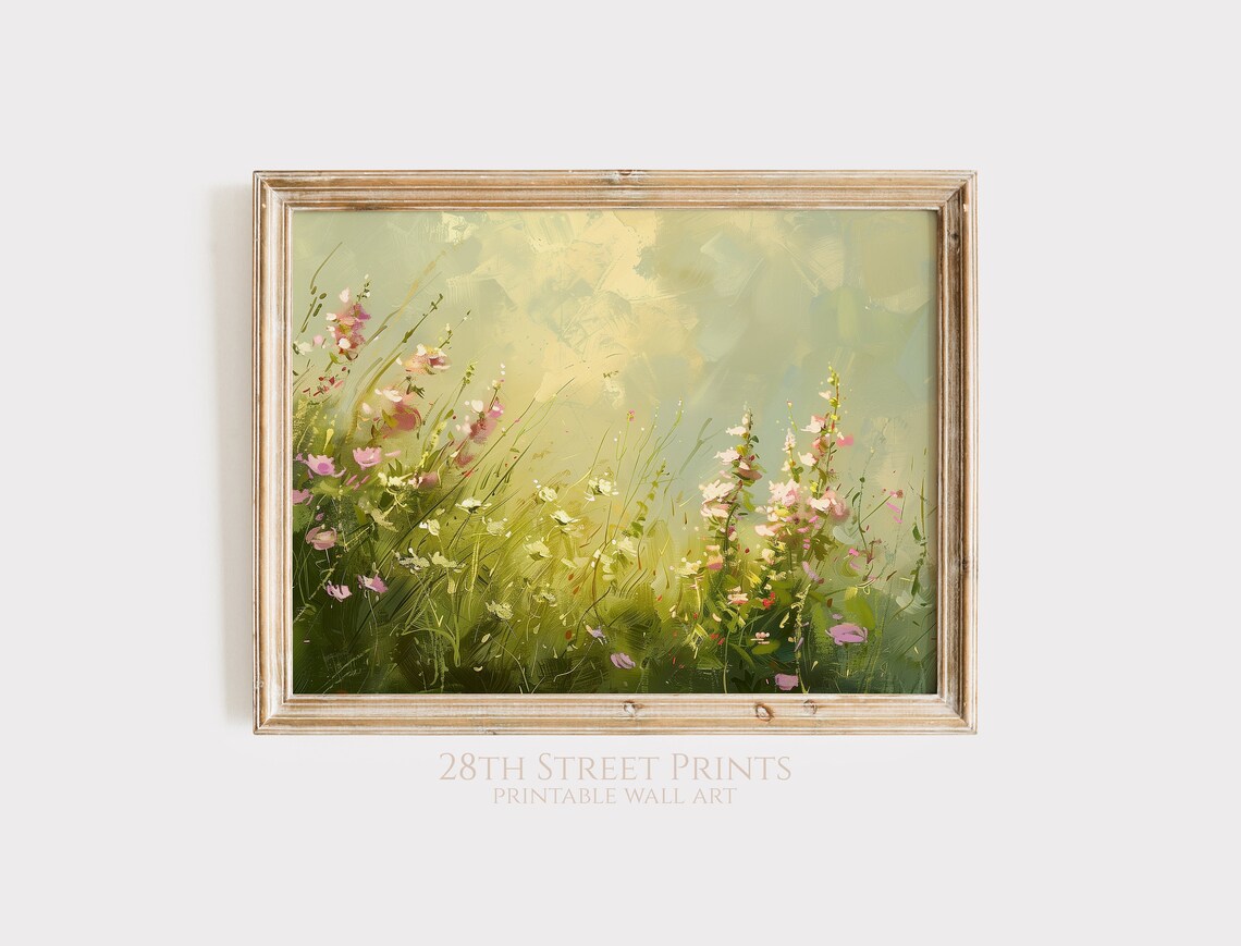 Sunlit Pink Wildflower Meadow Golden Light Hazy Sky Spring Painting Art Print - Image 2