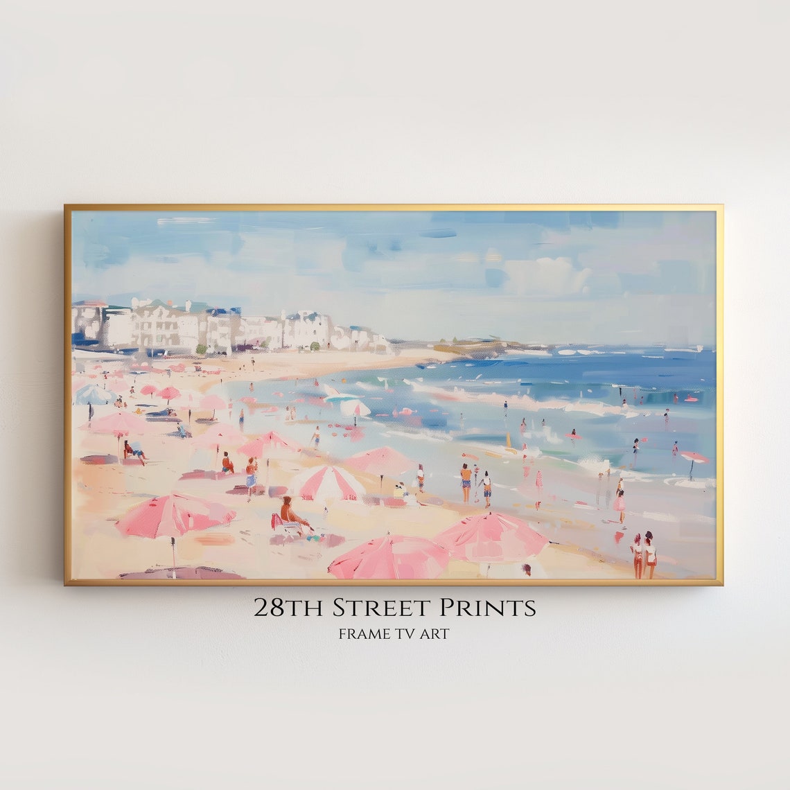 Sunny Beach Pink Umbrellas Turquoise Waves Seaside Town Scene Poster - Image 2