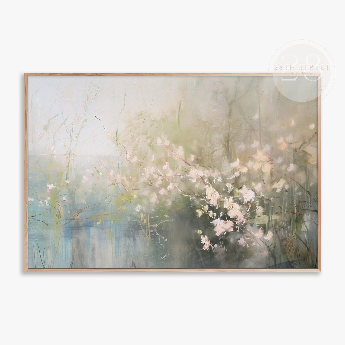 Abstract White Pink Wildflowers Misty Blue Floral Oil Style Poster