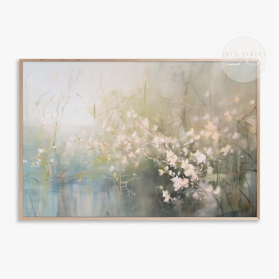 Abstract White Pink Wildflowers Misty Blue Floral Oil Style Poster