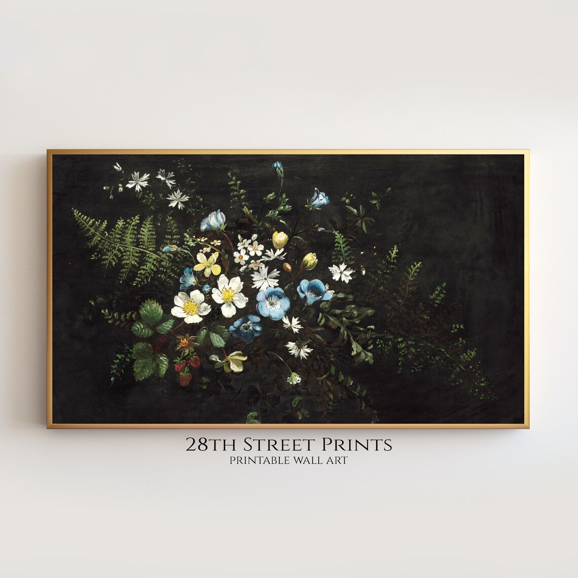 Moody Dark Floral White Blue Wildflowers Ferns Vintage Style Poster - Image 2