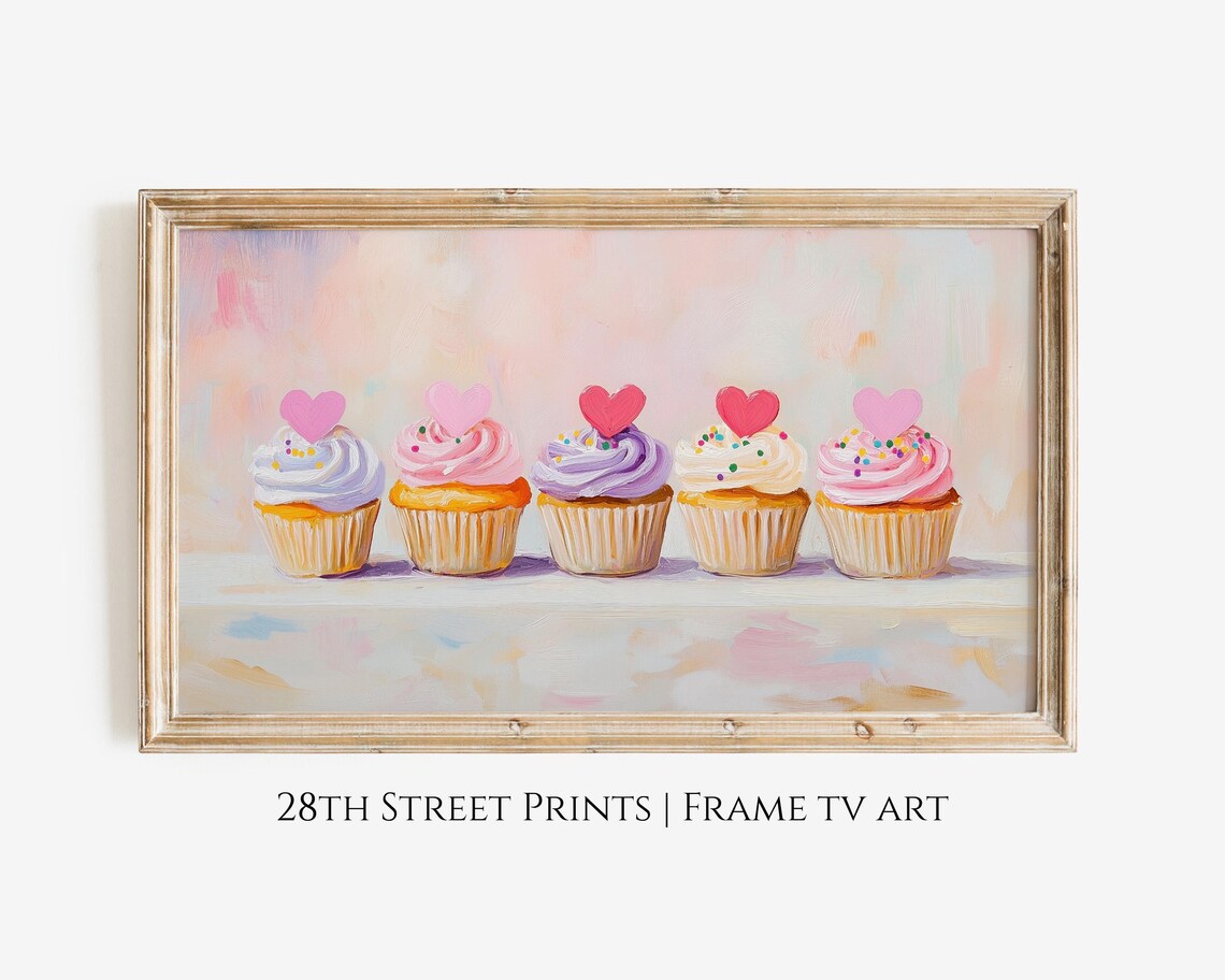Valentine Heart Cupcake Row Painting Pastel Birthday Party Poster