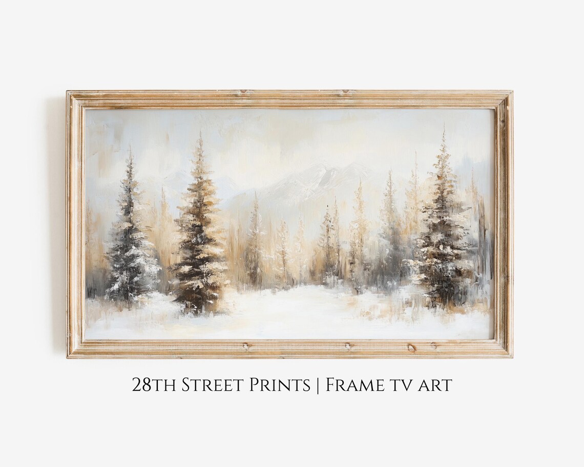 Golden Snowy Pine Forest Neutral Winter Trees Vintage Painting Poster