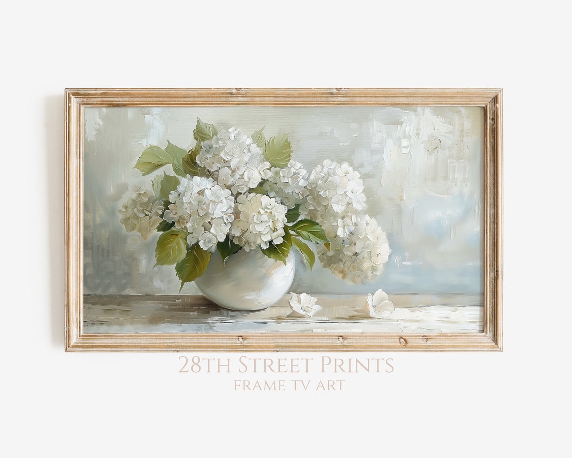 White Hydrangea Bowl Blooms Soft Grey Green Floral Still Life Poster