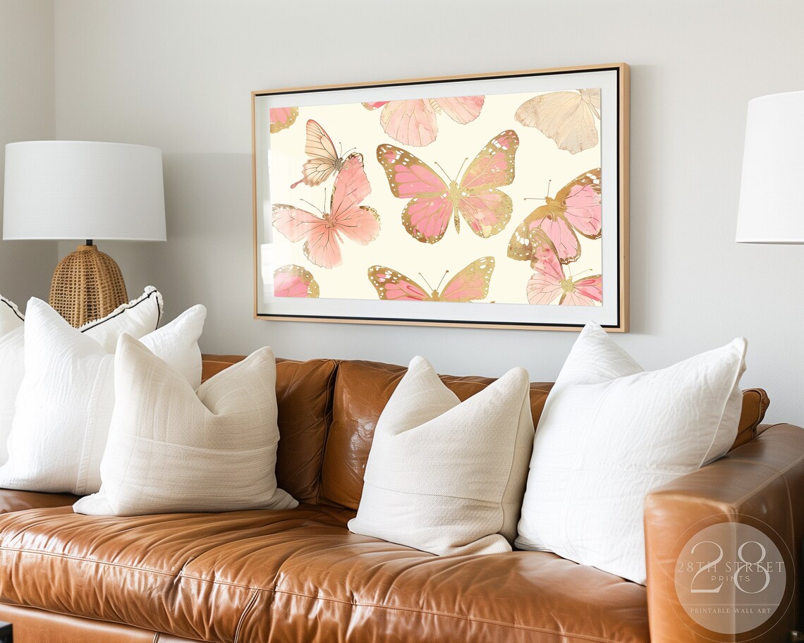 Pink Gold Butterflies Whimsical Watercolor Cream Background Wall Art - Image 2