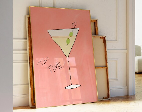 Tini Time Pink Hand Drawn Martini Cocktail Bar Cart Art Poster