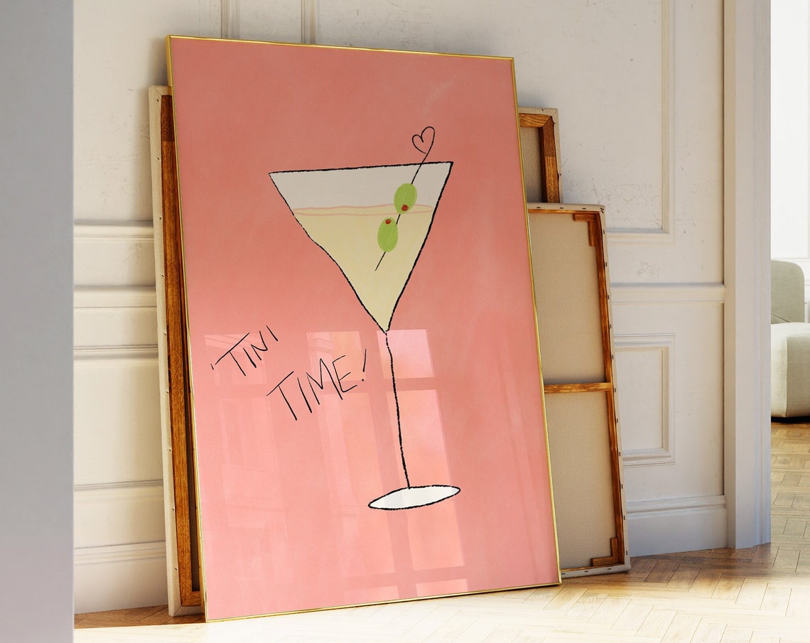 Tini Time Pink Hand Drawn Martini Cocktail Bar Cart Art Poster