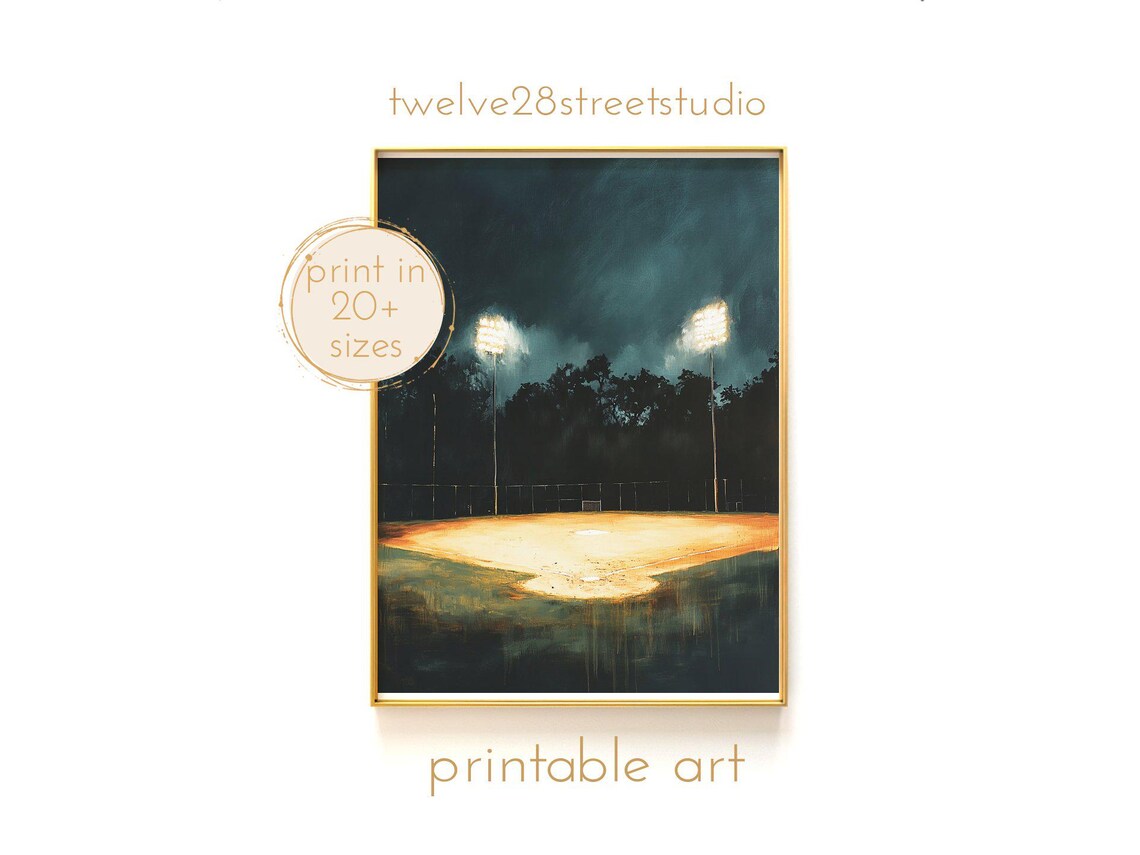 Baseball Stadium Vintage Poster, Moody Sports Art Print