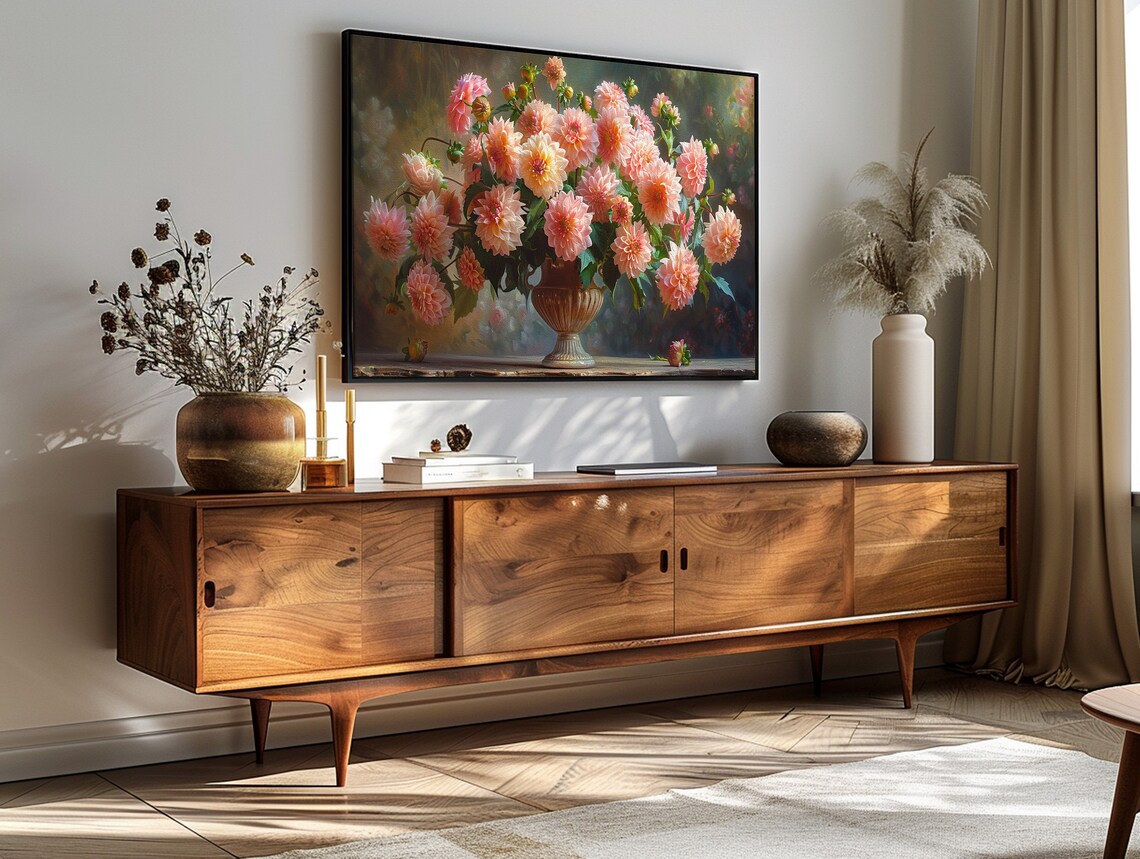 Pink Coral Dahlias Stone Urn Lush Floral Still Life Art Print - Image 3