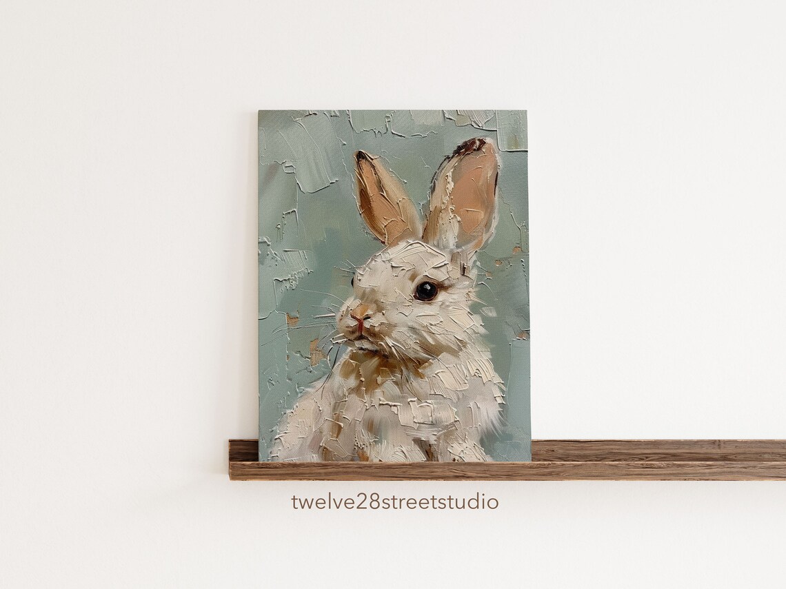 White Bunny Rabbit Portrait Textured Impasto Sage Green Nursery Art Poster - Image 2