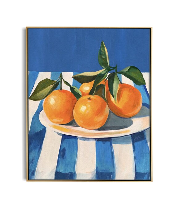 Orange Citrus Still Life Painting Blue Striped Kitchen Art Poster
