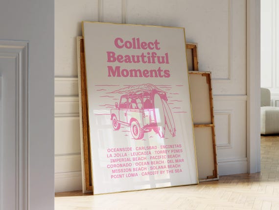 Pink Coastal Wall Art Surfer Girl Print Retro Beach Print Beach House Decor San Diego Beach Towns Print Trendy Surf Print