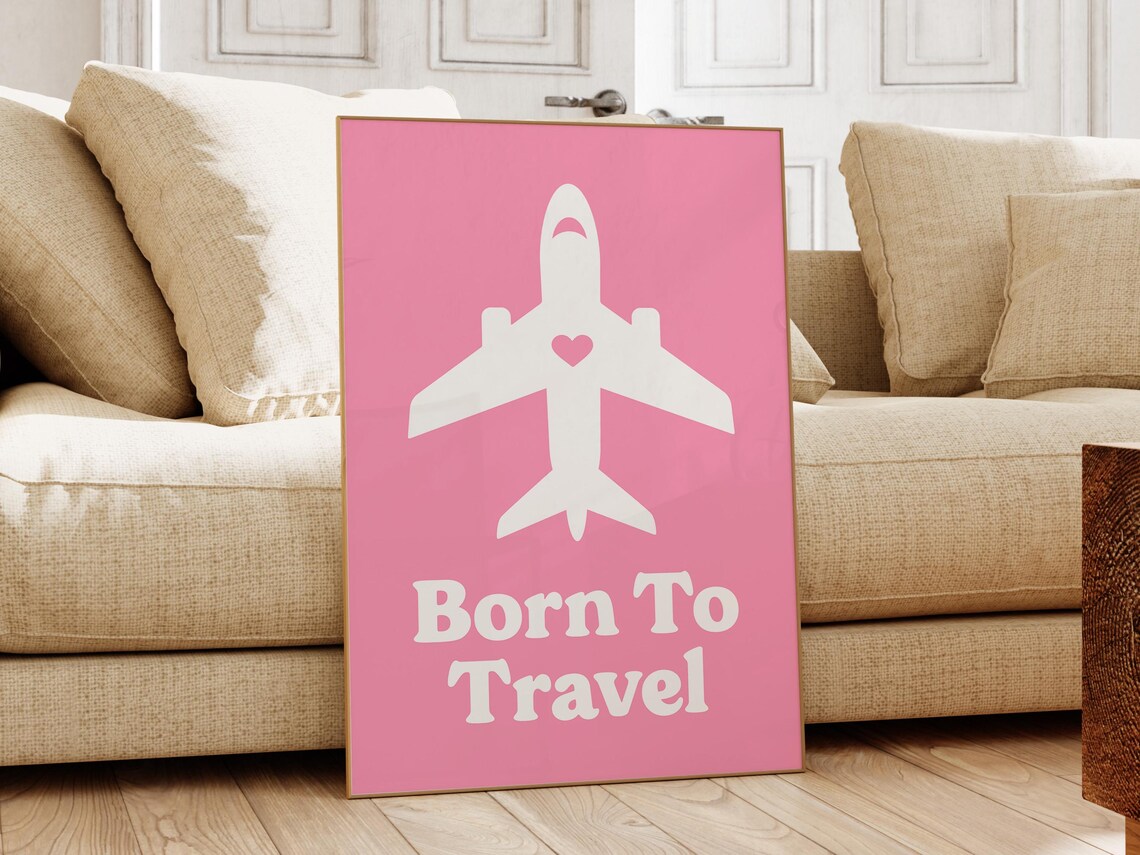 Born To Travel Pink Airplane Retro Girly Travel Quote Wanderlust Poster - Image 2