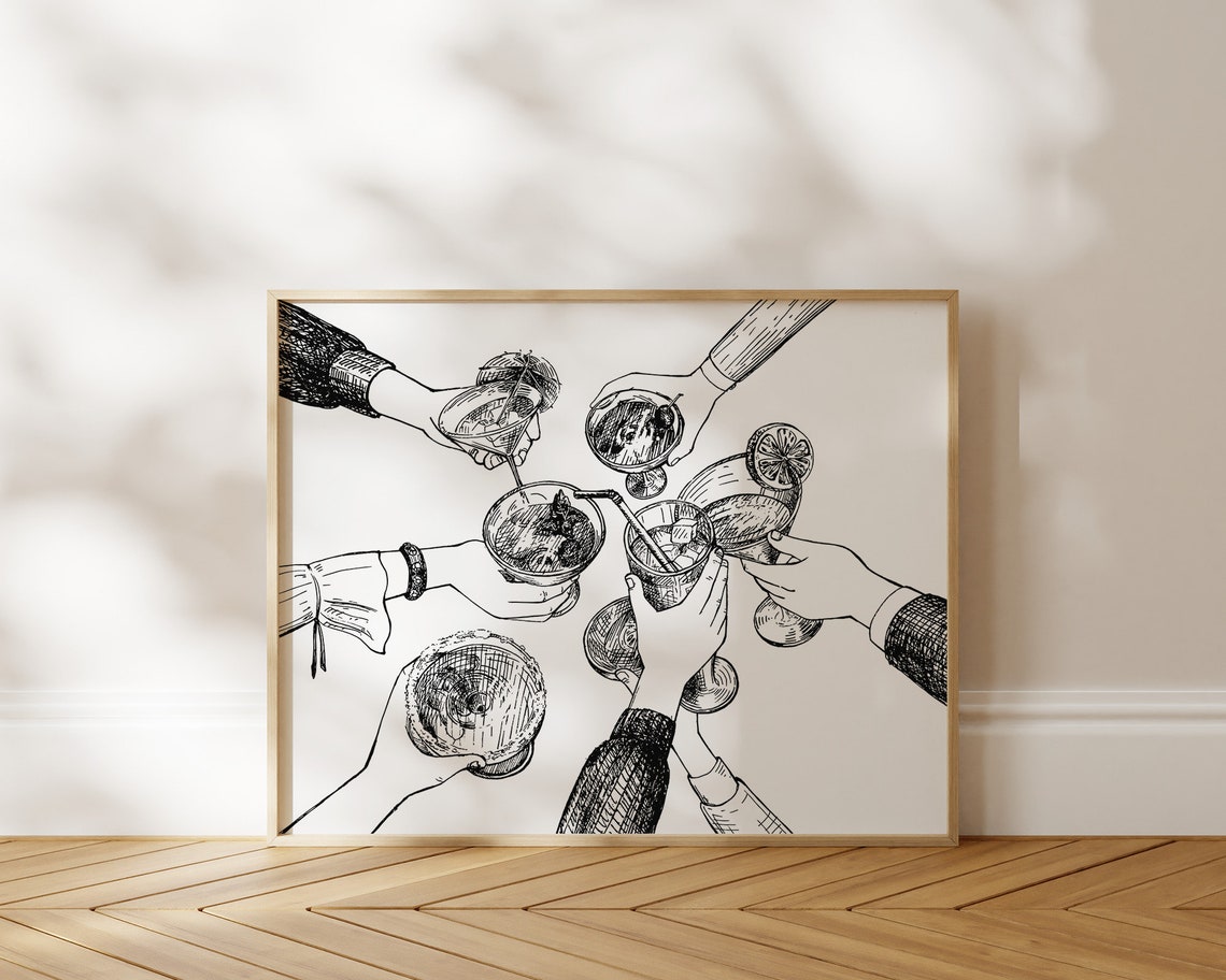 Cocktail Cheers Line Art Retro Kitchen Bar Cart Party Poster - Image 2